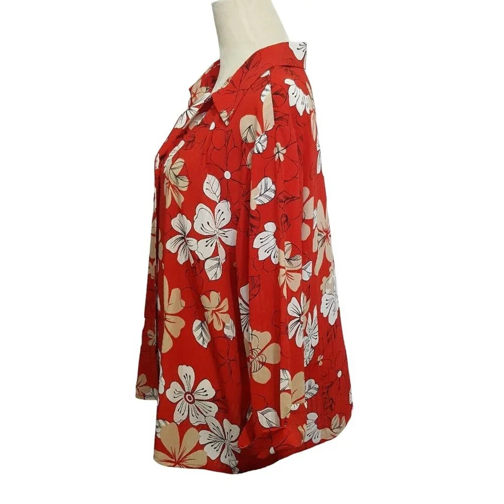 Vtg Apparenza Women's Top Shirt 2X Button Front Red floral 3/4 Cuffed Sleeve - Picture 3 of 8